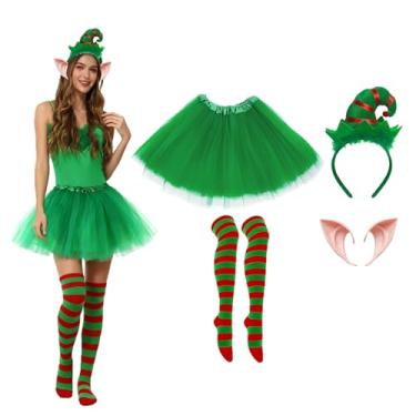 Imagem de LEKTIST Conjunto de fantasia de elfo de Natal, fantasia de ajudante de Papai Noel, chapéu de elfo, meias listradas, saia e orelhas de elfo, acessórios de fantasia para festa, Verde, One Size