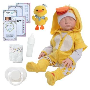 Imagem de Boneco Reborn Realista Masculino Olho Fechado Roupa Pato - Cegonha Reb