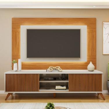 Imagem de Rack com Painel para Tv 58 Polegadas com Led 100% Mdf 220cm Pés em Madeira Maciça Gaia Grécia Naturalle/Off White