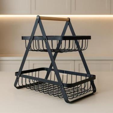 Imagem de Fruteira De Mesa Rustica De Ferro E Bambu Para Café Da Manhã Multiuso Metal Preto Cesto Organizador(PRETO DUPLA TAM.P 22X14 CM)