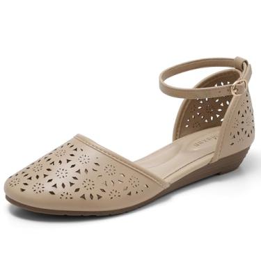 Imagem de MaxMuxun Sandálias femininas 2026 romana tira no tornozelo salto baixo plataforma sandálias para mulheres gaiola bico fechado sandálias planas com palmilha acolchoada, Bege, 36