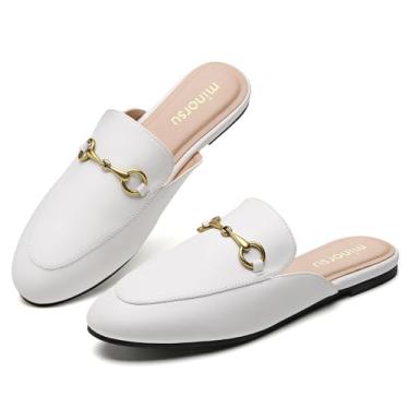 Imagem de Minorsu Mules femininos pretos com fivela com estampa animal – Palmilha de espuma viscoelástica – Salto baixo – Sapatos casuais, Branco, 41