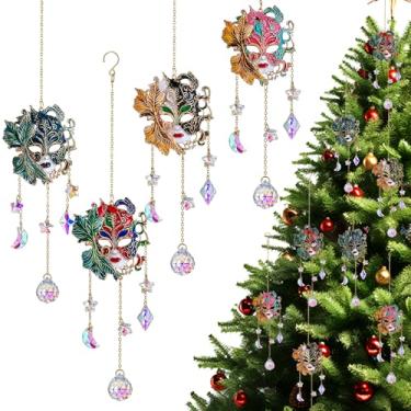 Imagem de 4 peças de máscara veneziana de cristal para pendurar na janela, criador de arco-íris com strass e prismas brilhantes, decoração interna e externa para casa, jardim, carro, varanda, pátio e enfeites