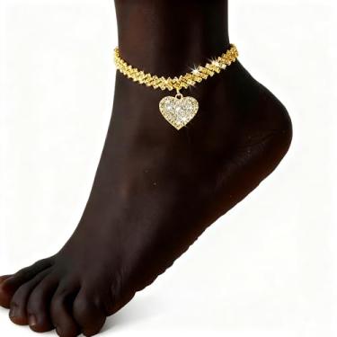 Imagem de Tornozeleiras femininas de prata e ouro - Corrente de elos de aço inoxidável impermeável, zircônia cúbica e joia de coração, One Size, Cobre, Sem Pedra Preciosa