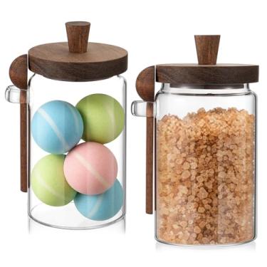 Imagem de Suclain Conjunto de 2 potes de sais de banho de vidro com tampas de madeira e recipiente de sal de banho de colher recipientes herméticos de armazenamento de alimentos para açúcar, grãos de café