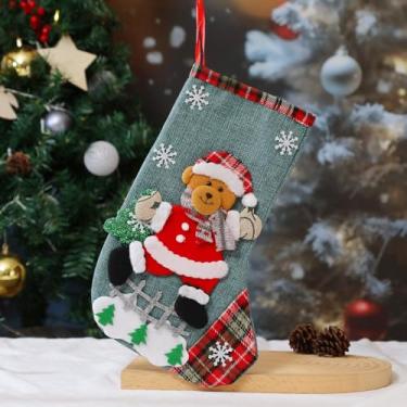Imagem de Meias de Natal para pendurar em tecido de linho com estampa de urso bolsa pingente enfeite de guirlanda de árvore de Natal decoração de casa 33 * 20 cm