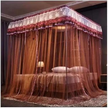 Imagem de Mosquiteiro Palácio Cortinado Casal com Armação de Ferro – Renda Indiano, 3 Aberturas Laterais, Luxo e Proteção Total(Marrom,Casal)