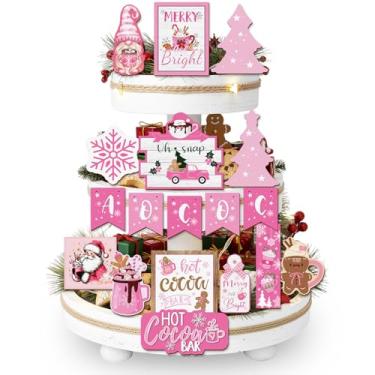 Imagem de Conjunto de bandeja em camadas, decoração de Natal, 18 peças, bandeja de Natal em camadas, placa de madeira de cacau quente, decoração de mesa, flocos de neve, café, rosa, casa de gengibre, placas de