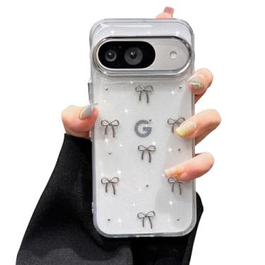 Imagem de EYZUTAK Capa para Google Pixel 9/9 Pro/10/10 Pro, capa de telefone com laço 3D com glitter fofo e brilhante laço transparente design estético capa protetora macia durável TPU transparente - laço prata