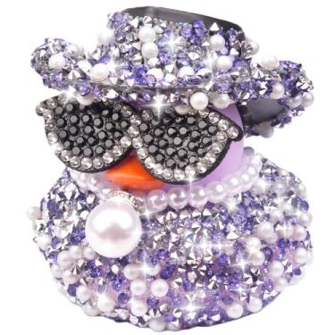 Imagem de MuMyer Ornamentos de carro de pato de borracha com strass, decorações de painel de carro de patos brilhantes com mini chapéu de cowboy colar óculos de sol