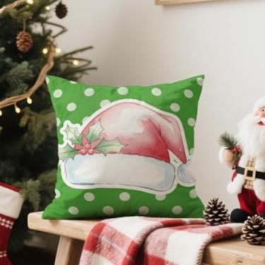 Imagem de Capa de almofada de Natal 45,7 x 45,7 cm - Capa de almofada decorativa de inverno para sofá, decoração de casa, chapéu de Papai Noel impresso em aquarela com azevinho em fundo de bolinhas verdes para