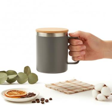 Imagem de Caneca Térmica 400ml Parede Dupla com Tampa de Bambu Cinza