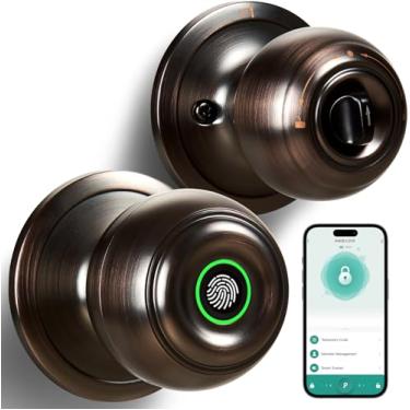 Imagem de KLLOQUE Fechadura de porta com impressão digital, maçaneta de porta de impressão digital inteligente com fechadura, fechaduras biométricas com controle de aplicativo e chave, fechaduras de porta de