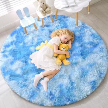 Imagem de EVOIONOS Tapete redondo azul tingido para quarto, tapetes macios de 1,2 x 1,2 m para sala de estar, tapete circular felpudo de pelúcia para piso interno, cabeceira, berçário, decoração de casa