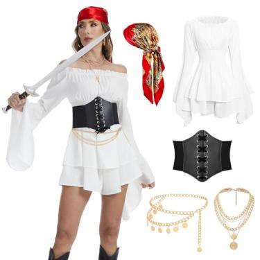 Imagem de rumnigh Fantasia de pirata feminina medieval viking pirata lenço de cabeça corrente corrente colar acessórios de roupa de festa (branco, médio)