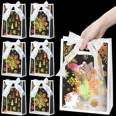 Imagem de SilTriangle 24 peças holográficas douradas de Natal transparentes, sacolas de lembrancinhas de festa congeladas de inverno, sacolas de plástico para doces com alças cortadas em matriz e fita para