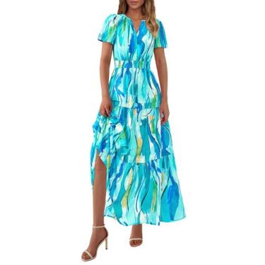 Imagem de Vestido maxi feminino PRETTYGARDEN, boho, floral, azul, XXL
