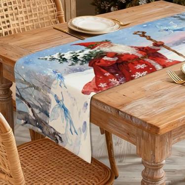 Imagem de Caminho de mesa de Natal 33 x 91 cm - Decoração de mesa de jantar de cozinha de inverno para decoração de casa, Papai Noel impresso em capa vermelha carrega uma árvore de Natal, com flocos de neve