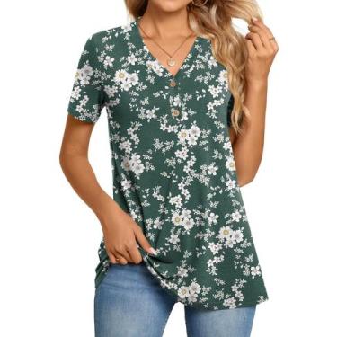 Imagem de Blusa túnica feminina BISHUIGE com botões e decote em V, manga curta, 