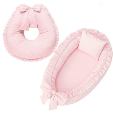 Imagem de Ninho e Almofada de Amamentação Babado Percal Algodão Rosa - Monzillo 