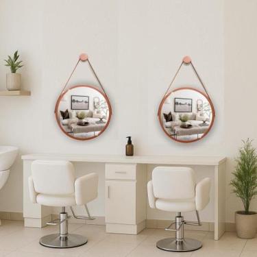 Imagem de Kit 2 Espelhos Redondo Decorativo Suspenso Alça 60cm + suporte Cobre A