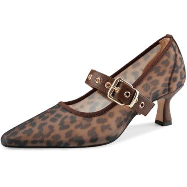 Imagem de Sandália feminina de malha fechada bico fino com strass tira no tornozelo fivela salto gatinho Mary Jane sapatos elegantes para formatura casamento 5 cm, Marrom leopardo, 43