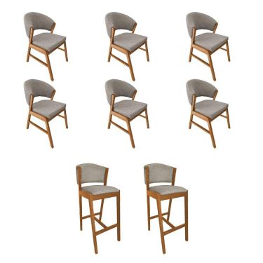 Imagem de Kit 6 Cadeiras De Jantar Debora Madeira Maciça Com 2 Banquetas Ana Cerejeira Premium Linho Bege