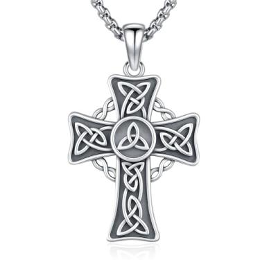 Imagem de PCTJYFU Colar masculino com cruz de prata esterlina 925 com nó celta - pingente religioso com cruz de prata esterlina oxidada, presente de bênção cristã, com corrente de aço inoxidável extensor de 56