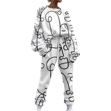 Imagem de Mulheres Tracksuit Sweater Tecido Mulheres Tracksuit Pullovers O Neck Abstract Print Cordão Sweat Suit, 2, 4XL
