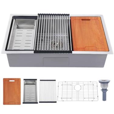 Imagem de Pia de cozinha embutida HOTIS de 81 cm de aço inoxidável, tigela única de 81 x 45,7 cm, pia para estação de trabalho submontada, calibre 16 com tábua de corte e acessórios