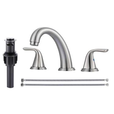 Imagem de Aleasha Torneira de pia de banheiro ampla, torneira de 3 furos de níquel escovado com ralo pop up