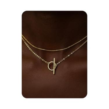 Imagem de MSCHA HOME Colar de ouro para mulheres, moderno, não mancha, gargantilha com pingente banhado a ouro 14K, simples, delicado, conjunto de joias de camada dupla para presente, One Size, Latão Metal Ouro