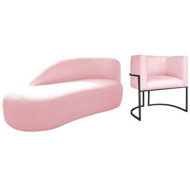 Imagem de Kit Divã Luna 140cm Lado Esquerdo E 01 Poltrona Base De Ferro Preto Suede Cor Rosa Bebê