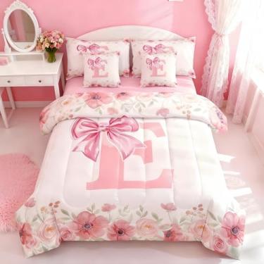 Imagem de Erosebridal Jogo de cama fofo com laço feminino, letra E, cama em uma bolsa, tamanho casal para meninas, crianças, mulheres, floral, conjunto de edredom com lençóis, estilo fresco, conjunto de cama de