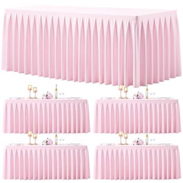 Imagem de Pacote com 4 toalhas de mesa retangulares rosa, 2,5 m, elástico, elastano para mesas retangulares de 2,3 m, toalhas de mesa de banquete, sem rugas, saia com babados, toalha de mesa para festa