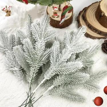 Imagem de Agulhas de pinheiro artificiais brancas com galhos de azevinho falsos de neve simulados para mesa de Natal para decoração de guirlanda de Natal 9 x 27 cm