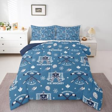 Imagem de Conjunto de edredom de hóquei no gelo, solteiro, esporte europeu azul claro, para crianças, meninas, meninos, jogos competitivos, trabalho em equipe, para decoração de quarto de esportes de inverno