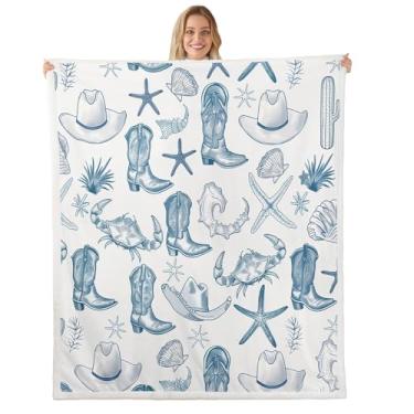 Imagem de Cobertor de pelúcia estilo costeiro, chapéu de caubói botas flanela cobertor de lã para meninos meninas adolescentes todas as estações, estrela do mar concha concha cobertor de cama decoração de