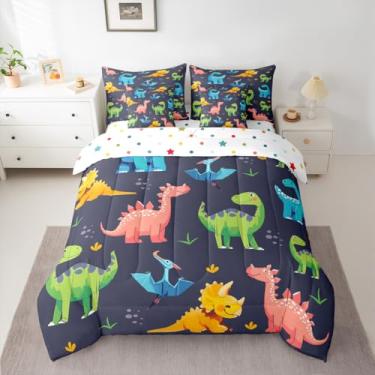 Imagem de jejeloiu Jogo de cama casal de dinossauros com estampa de dinossauro, 7 peças, estampa de animais fofos, coloful, para decoração de quarto de crianças, meninos, meninas, microfibra leve