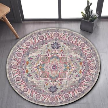 Imagem de Tapete de área estilo marroquino imitação caxemira redondo tapete doméstico para decoração de sala de estar e quarto tapete antiderrapante fácil de cuidar, rosa roxo, 100 cm