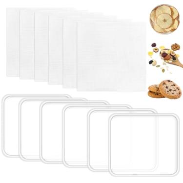 Imagem de 6 tapetes desidratadores de silicone e 6 folhas de desidratador de malha, forro de bandeja antiaderente reutilizável com borda, tapetes de silicone para líquidos, frutas, carne, legumes, ervas (branco