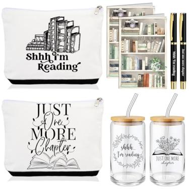 Imagem de Yetene 8 peças de presentes para amantes de livros incluem copo de vidro de 473 ml, bolsa de maquiagem, canetas esferográficas e cartões estilo clube de livros presentes para bibliotecárias leitoras