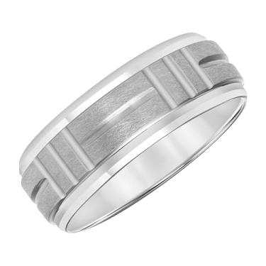 Imagem de Aliança de casamento masculina de carboneto de tungstênio – Anel de tungstênio branco de 8 mm com centro escovado de areia cristalina, gravuras horizontais e verticais, bordas chanfradas, perfil plano