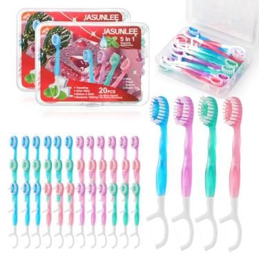 Imagem de JASUNLEE Mini escovas de dentes descartáveis 5 em 1 portátil pré-colada para viagem com pasta de dentes, raspador de língua, palheta de fio dental, caixa embalada individualmente em movimento, escova