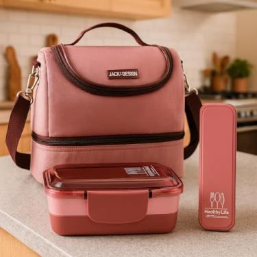 Imagem de Kit Bolsa Térmica C/ 2 Compartimentos + Marmita + Porta Talheres 3 Peças Para Viagem e Armazenamento (Rosa Luxo)