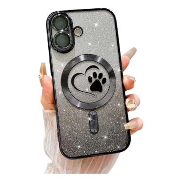 Imagem de Weonmov Capa para iPhone 16, glitter transparente fofo coração amor pata, compatível com MagSafe, capa de proteção de lente de câmera magnética forte, capa de telefone macia fina brilhante 6,1