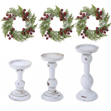 Imagem de Mumufy Conjunto de 3 castiçais de Natal para mesa de centro de mesa de Natal, decorações de anéis de vela de Natal, grinaldas, bagas vermelhas artificiais, guirlanda de pinheiro nevado, suporte de