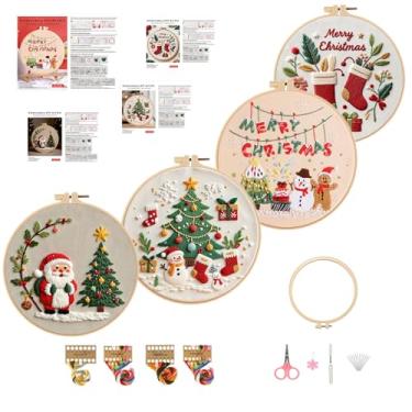 Imagem de Vigdit Pacote com 4 kit de bordado de Natal para iniciantes, kit de ponto cruz de ponto cruz para adultos iniciantes, kit de bordado à mão fácil DIY com ferramentas de aro de bordado de padrão