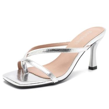 Imagem de Enelauge Sandálias femininas de salto baixo com tiras de salto baixo chinelos mules bico aberto na moda sandália de salto tanga sem cadarço casamento festa vestido sapatos, Prata, 38