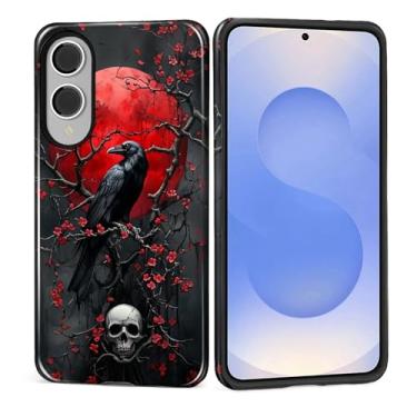 Imagem de MQJCYB Capa para Samsung Galaxy S25 Edge, híbrida, resistente, 2 em 1, de corpo inteiro, resistente, à prova de choque, capa brilhante para Samsung Galaxy S25 Edge esqueleto de corvo vermelho e preto